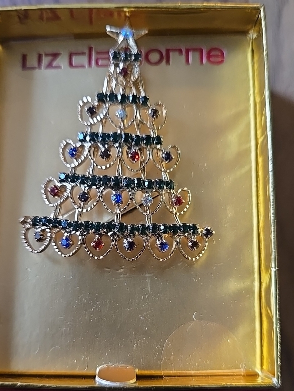 Liz Claiborne Gold-Tone Christmas Tree Brooch with Red, Blue, Green Stones